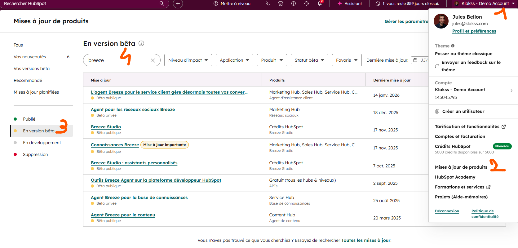 HubSpot les fonctionnalités BETA